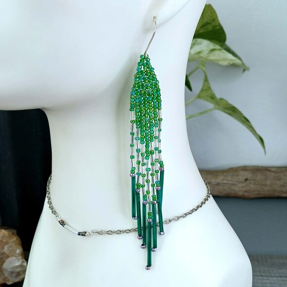 Boho Chic Green and Silver Beaded Fringe Earrings, Shoulder Duster, Cascade - Picture 1 of 9